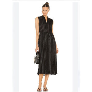 VINCE Drapey Stripe Midi Dress Tiered Sleeveless Flowy Pockets Sz 2 Work Sheer